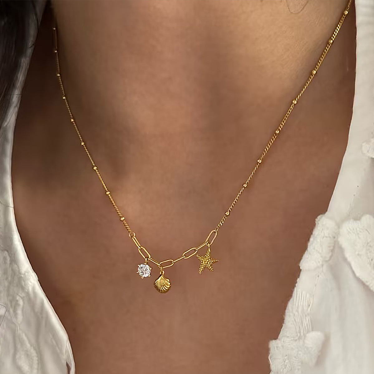 European and American stainless steel starfish shell zircon pendant necklace niche design ocean wind titanium steel clavicle chain does not fade