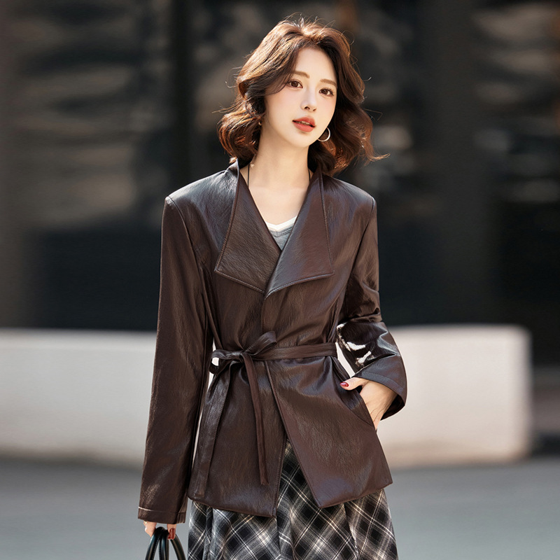 Haining Leather Jacket for Women, Mid-Length, 2026 Spring New Style, Waist-Cinching Tie Design, Petite Pu Leather Jacket
