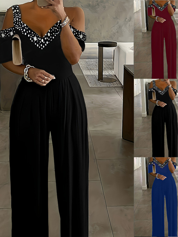 2025 Spring and Summer New Cross-Border European and American Clothing Wish Wide-Leg Jumpsuit Waist One-Piece Dress Printed Dress