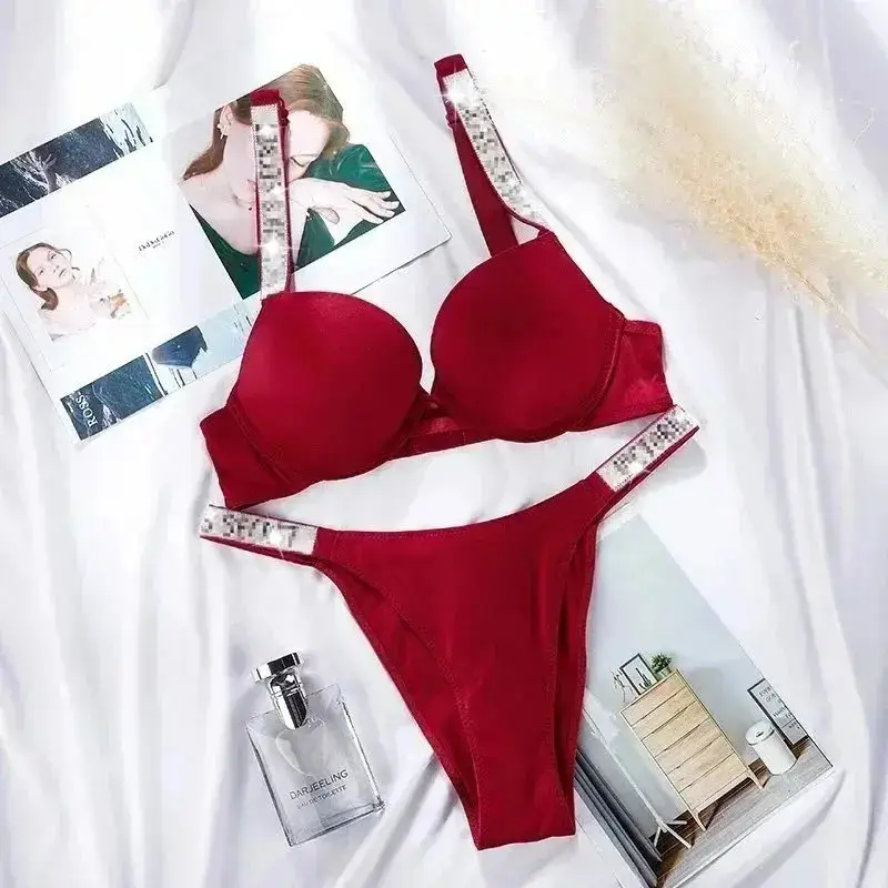 Red Bra and Panty Set with Rhinestone Straps