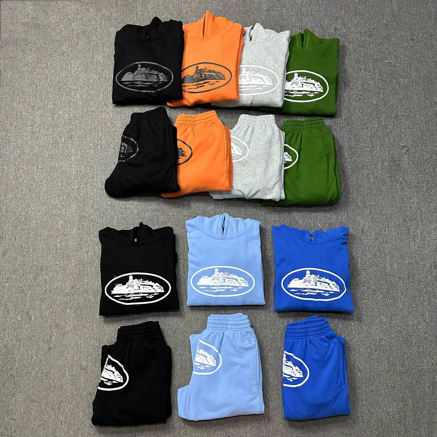 Classic Series Ship Print Logo Hip-Hop Terry Hooded Sweatshirt Trendy Casual Sweatpants for Men and Women