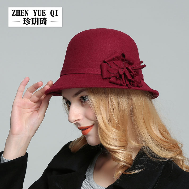 Zhen Yue Qi New Autumn and Winter Flower Top Hat Women's Imitation Wool Duffel Dome Felt Hat Retro Princess Hat Women