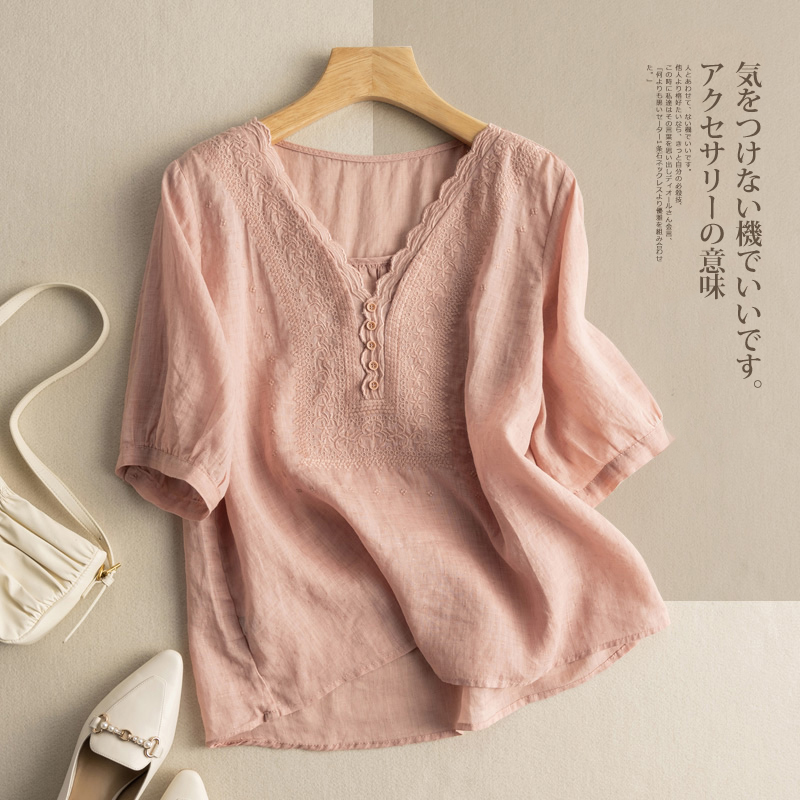 Foreign Trade Export Last Order Cut Label Women's Japanese Style Ramie V Neck Top Elegant Embroidered Cotton Linen Short-sleeved Shirt