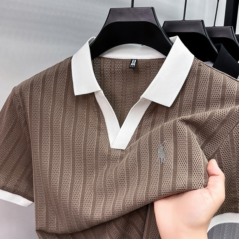 Seagull Collar Ice Silk Short-Sleeve Men's T-Shirt, New Summer Style, Loose Embroidery, Light Luxury, High-End Feel, Polo Shirt for Men