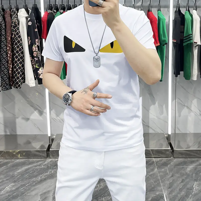 2024 Summer New arrival Short Sleeve T-Shirt Men's European Station Trendy Print Mercerized Cotton silm Youth Plus size Tops