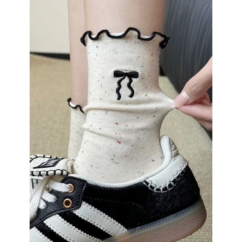 Lace Bow Embroidery Socks Children's Mid-Socks Ins Trendy Japanese-Style College-Style Ear-Edge Dot Yarn Pile Socks