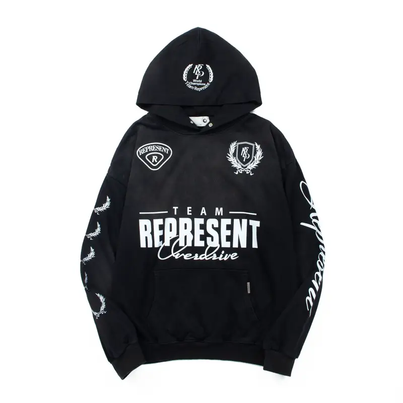 Rep Retro Washed and Distressed Logo Logo Slogan Racing Element Printing Trendy Brand Men's and Women's Hooded Sweatshirts