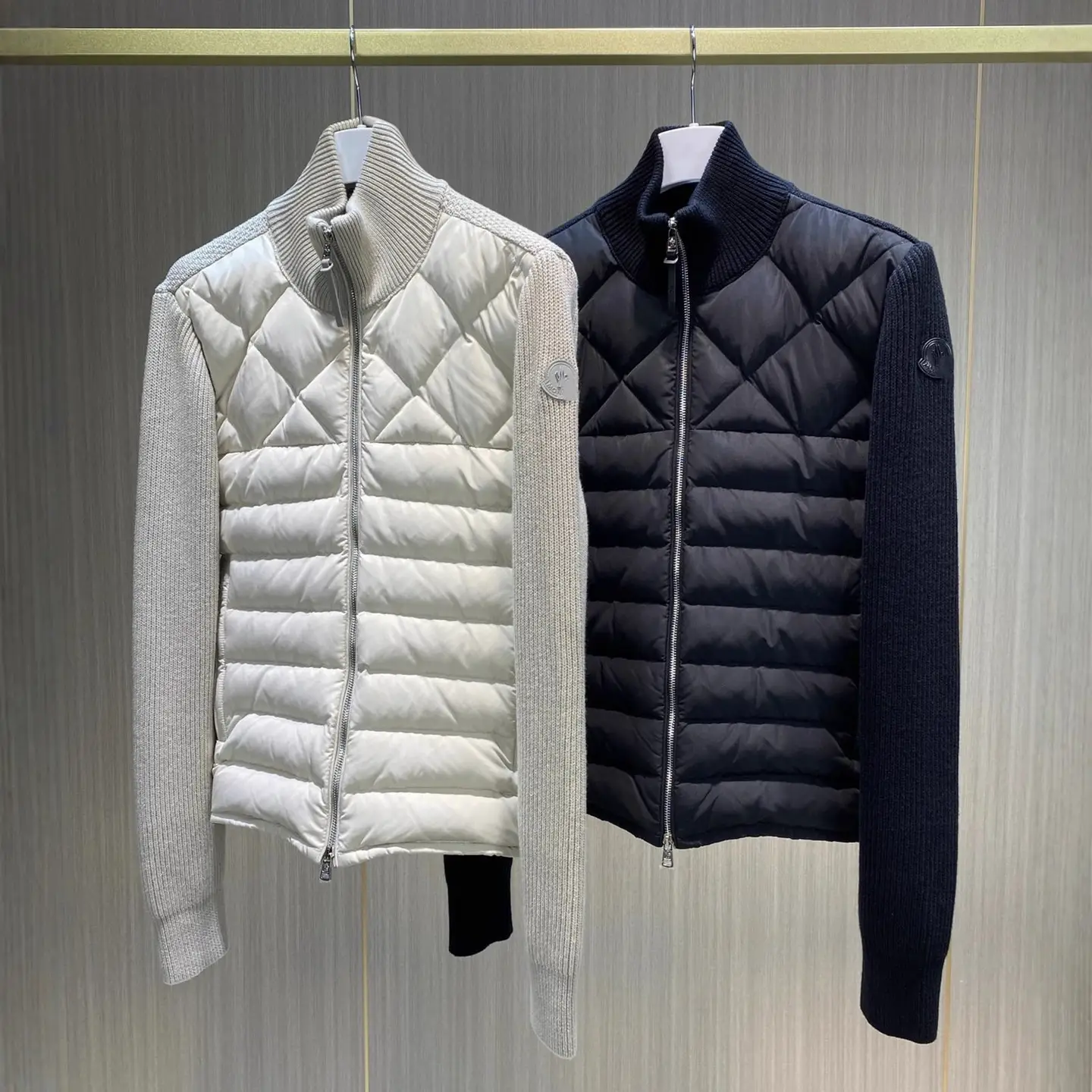 高品原标蒙家立领羊毛针织拼接羽绒服菱形格纹休闲开衫外套男女