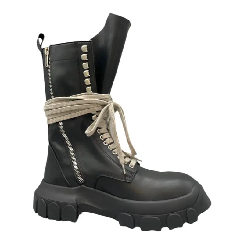 Ro Dark Style Double Zipper Classic Desert Boots with Leather Soles and Thick Soles for Men and Women High-Top Long Boots