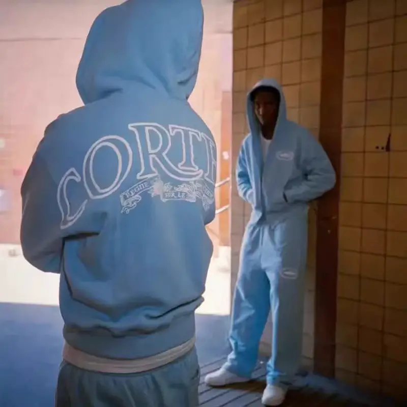 Corteiz Alcatraz Island Letter Print Cardigan Hooded Sweater Men's DRILL Hip Hop Casual Straight Sports Pants