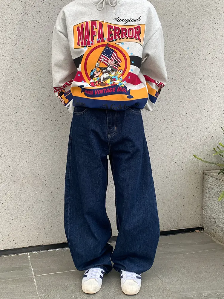 Japanese Street Style Baggy Wide-Leg Jeans Washed Cleanfit American Retro Scimitar Pants Drapey A-Line Men's