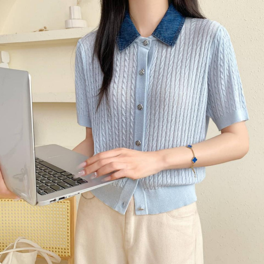 Denim Lapel Single-Breasted Color-Block Knit Cardigan for Women, New Spring/Summer Casual Slimming Twist-Pattern Short-Sleeve Top
