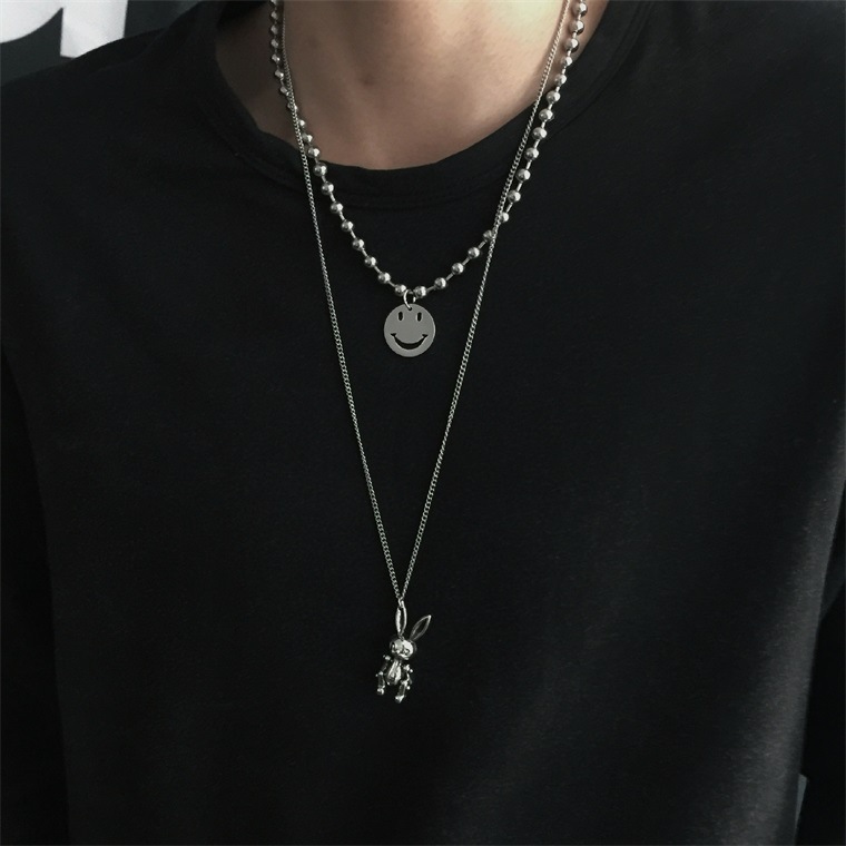 Internet Celebrity Same Style Harajuku Hip-hop ins Cold Style Multi-layer Necklace Female Rabbit Smiley Face Pendant Earth Cool Didi Bouncing Accessories