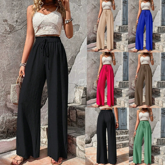 Amazon Tiktoktemu European and American Women's Clothing 2026 Spring and Summer New Fashion Versatile Bubble Plaid Casual Wide-Leg Pants