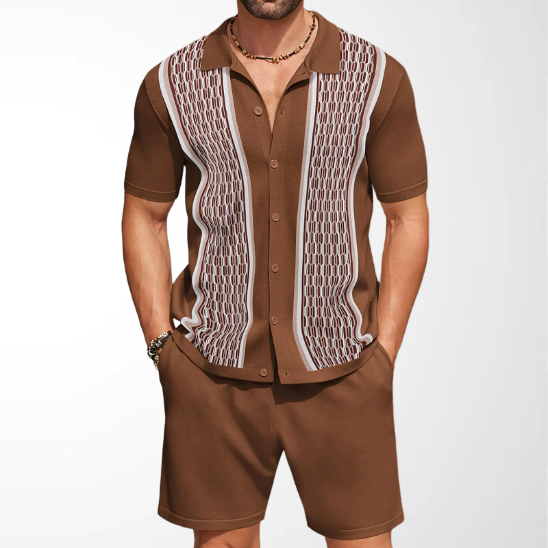 Cross-Border Men's Casual Knitwear Set Summer Short-Sleeved Contrast Jacquard Knit Cardigan Shorts Two-Piece Set Sy0198