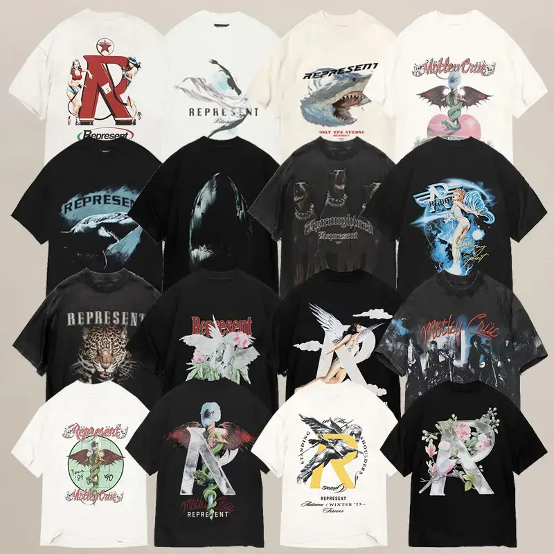 Represent Rep Doberman Washed and Distressed American Fashion Brand Vintage Retro Shark Short-Sleeved T-Shirt for Men