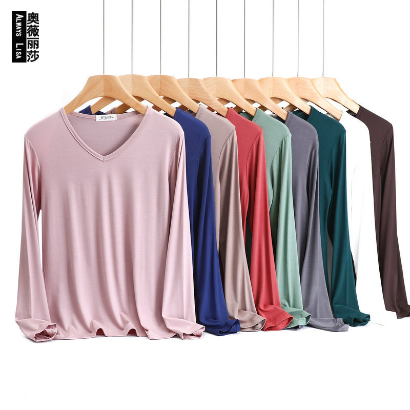 Cross-Border Plus-Size Modal Base Shirt for Women, Spring and Autumn V-Neck Stylish Versatile Long-Sleeve Thin T-Shirt Top