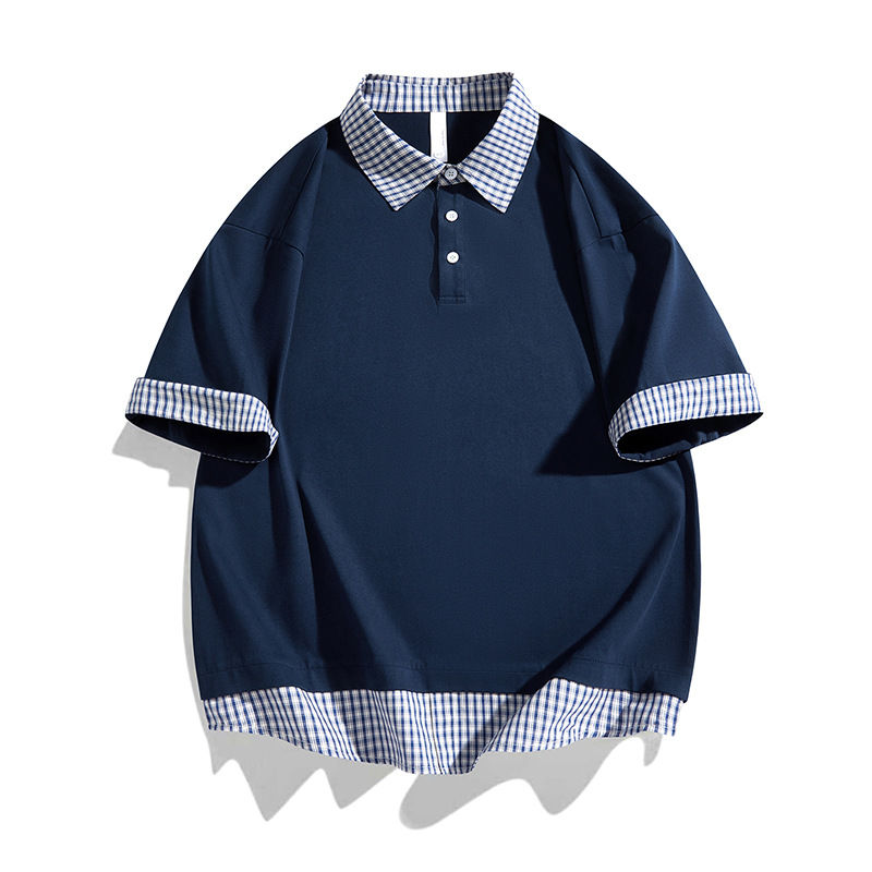 Retro Patchwork Plaid Polo Collar T-Shirt for Men, Summer Trendy Brand Versatile Short-Sleeve Loose Casual Fake Two-Piece Top