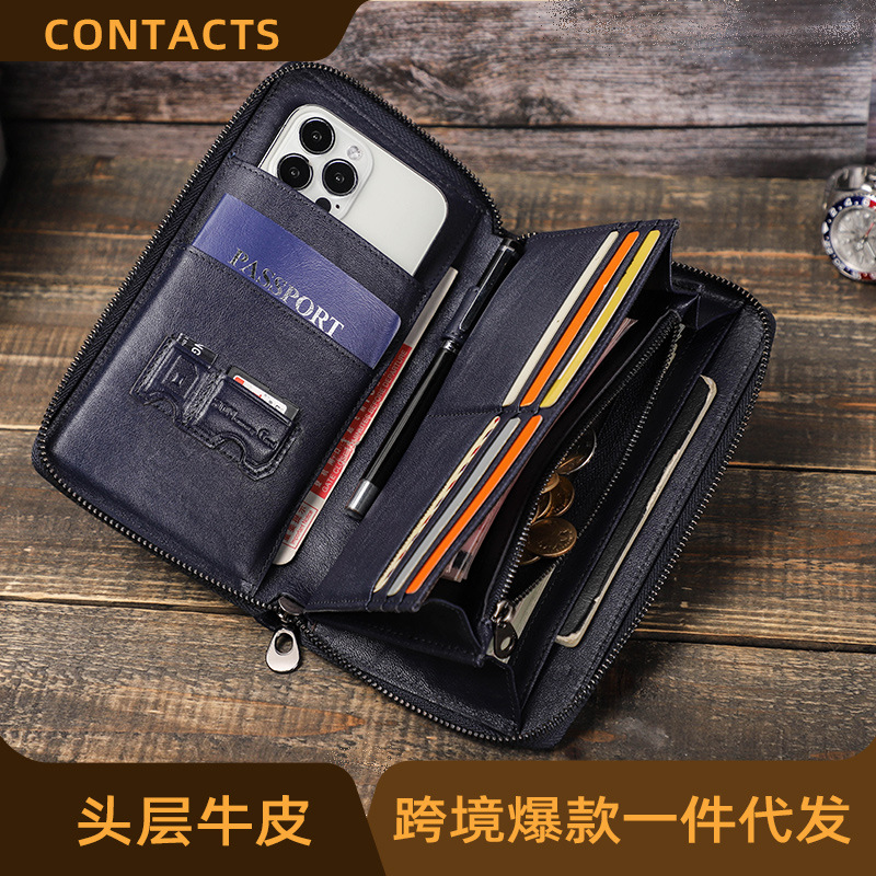 Black Angel Long first layer cowhide men's wallet multi-functional large capacity zipper universal leather business clutch