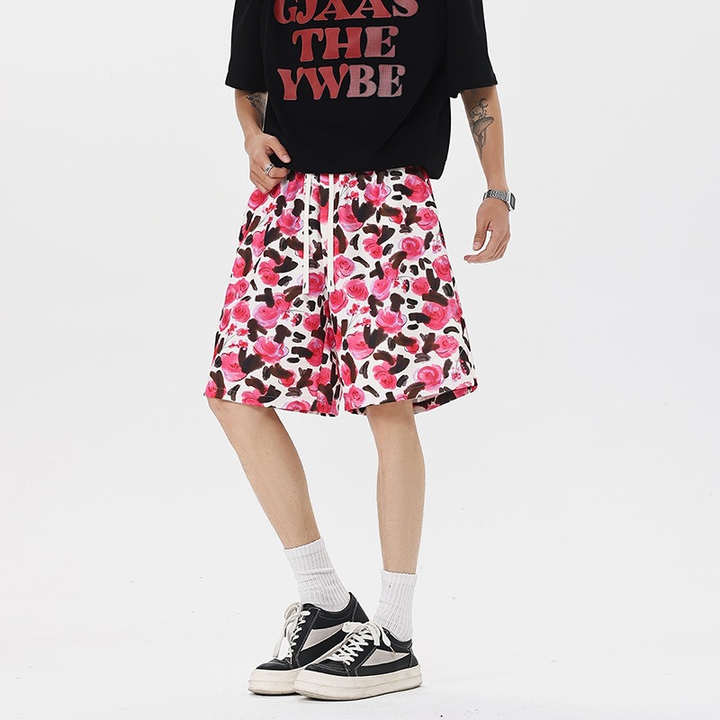 2026 Summer New Men's Red Rose Leopard Print Shorts Beach Couple Vacation Casual Shorts Men