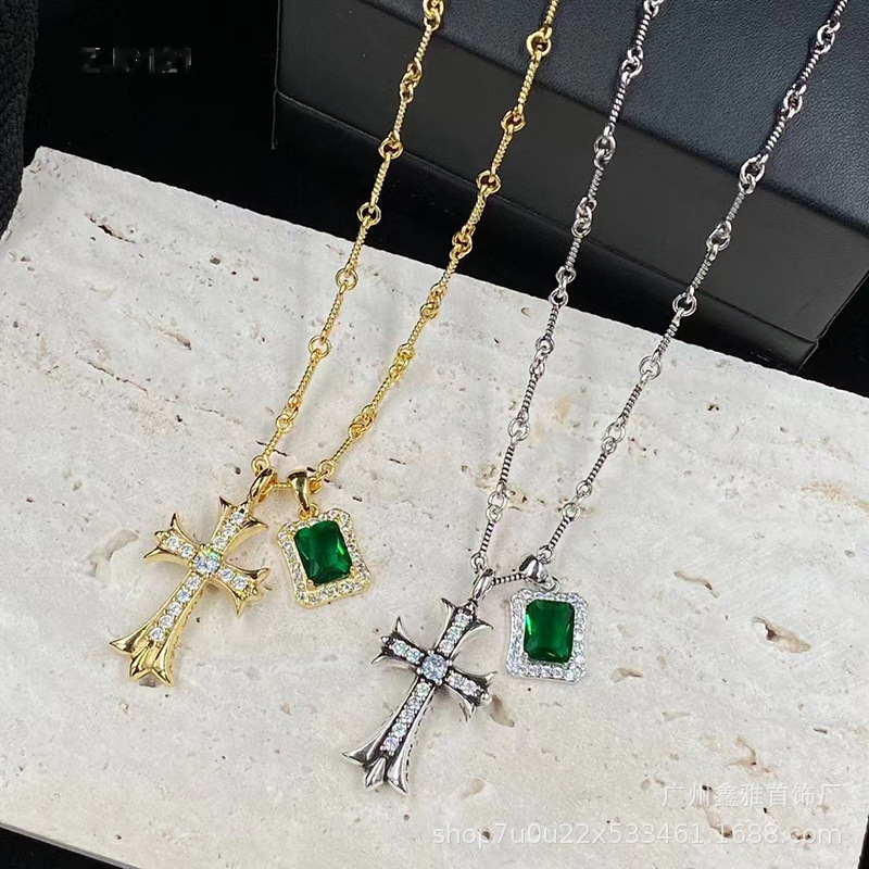 Kroha New Cross Vintage Necklace Green Diamond Emerald Pendant Slub Chain Sydney Same Style Jewelry
