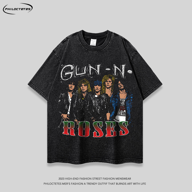 European and American retro hip hop rap portrait heavy oversize short sleeve T-shirt men and women hiphop washed long sleeve tee