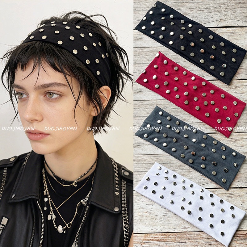 Cross-Border New Punk Style Headband, Retro Solid Color Street Fashion Hair Accessory, High-End Fashion Rivet Headscarf Headband
