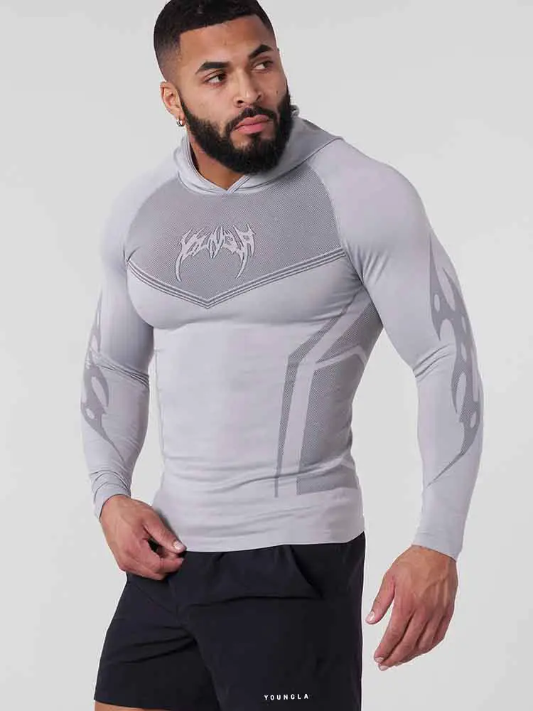 YOUNGLA Quick Dry High Stretch American Hooded Tights Muscle Men Long Sleeve Gym Jerk Bodybuilding Fitness t-shirt