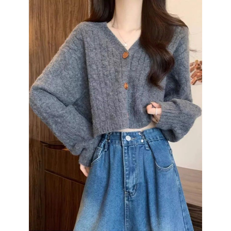 Kaning Korean Style Lazy Style V-Neck Twist Knitted Cardigan for Women 2026 Autumn New Style Short Sweater Outerwear for Women