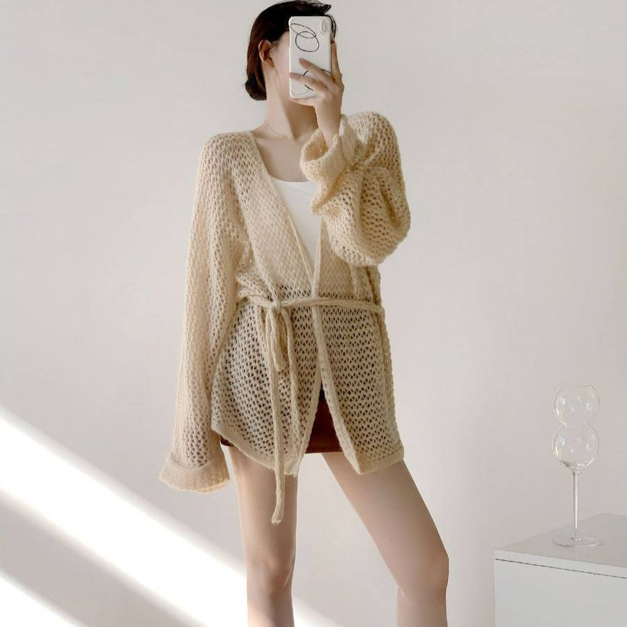 Lazy Style Long-Sleeved Hollow-Out Knitted Cardigan for Women, Spring and Summer Sun Protection Cover-Up, Loose Tie-Up Outerwear, Lightweight Perforated Jacket