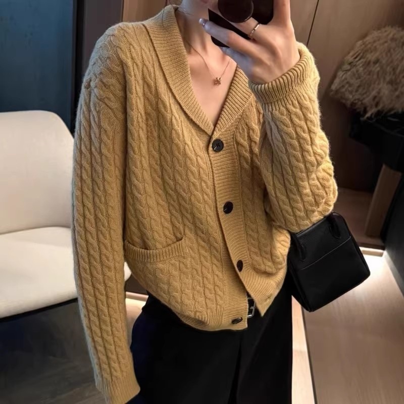 Cross-Border European and American Retro Style Cable Knit Cardigan for Women 2026 Spring and Autumn New Lazy Style Knitted Jacket Top