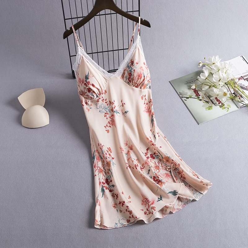 New Sexy Pajamas Women's Korean-style Printed Sling Nightgown Women's Ice Silk Home Clothes Imitation Silk Pajamas with Chest Pad