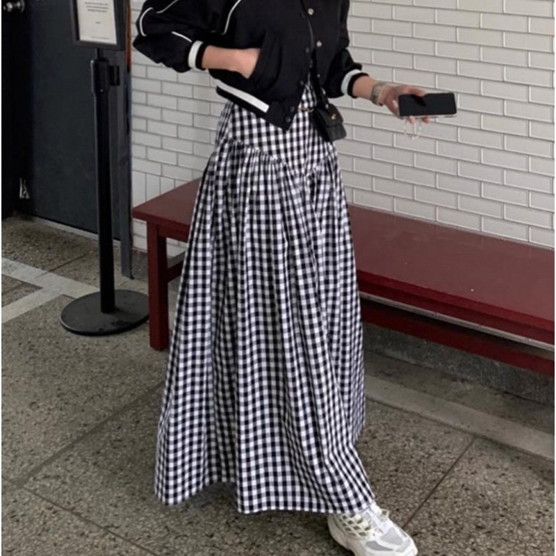 Korean Chic2026 Spring and Autumn New Retro Versatile High-Waisted Slimming Design Plaid Long Skirt for Women