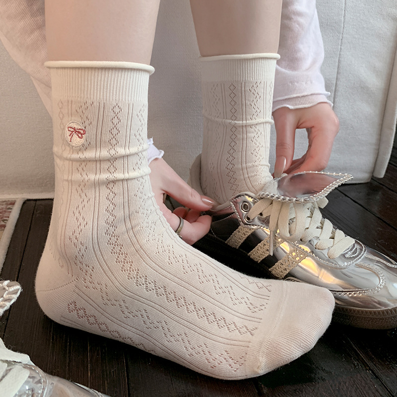 Spring and Summer Socks for Women, Mesh Seamless Mid-Calf Socks with Bow Embroidery, Cute Japanese Style Versatile Diamond-Patterned Long Socks