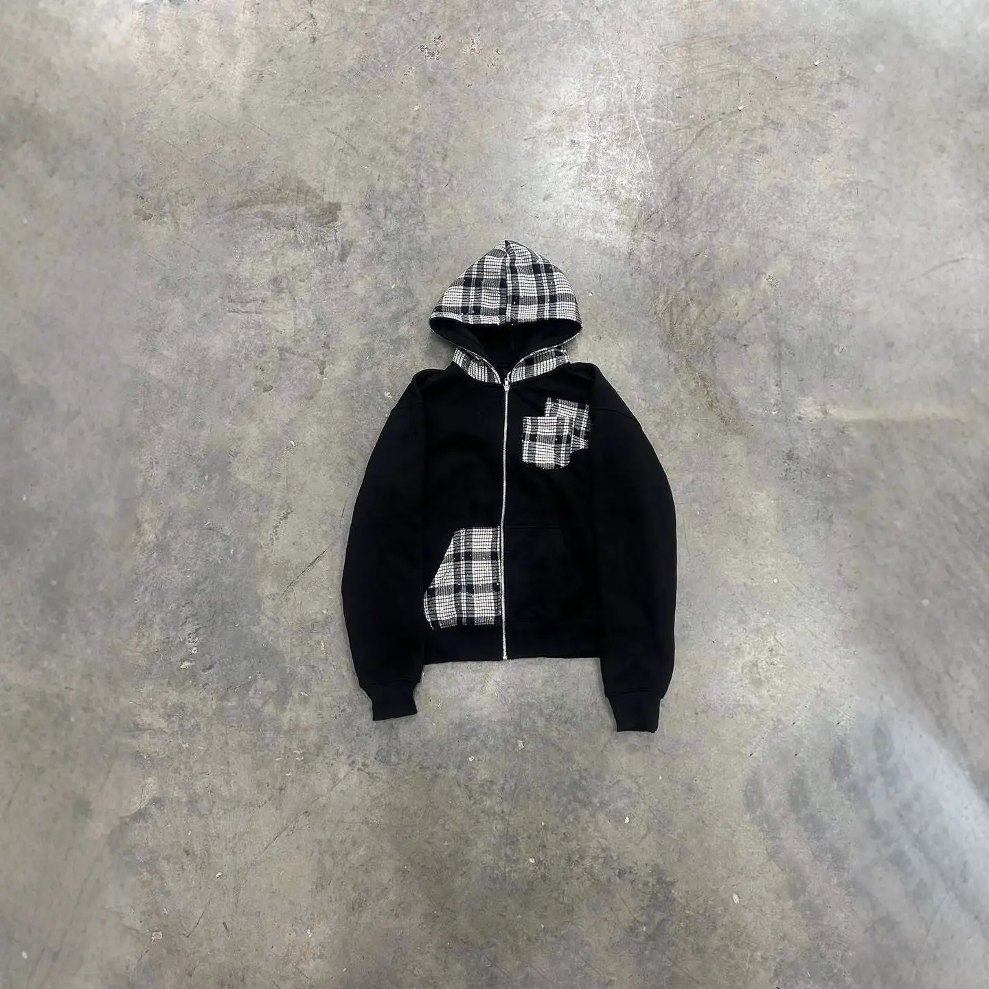 European and American Cross-Border Design Trendy Plaid Pattern Splicing Niche Versatile Lazy Style Loose Hooded Sweatshirt Jacket