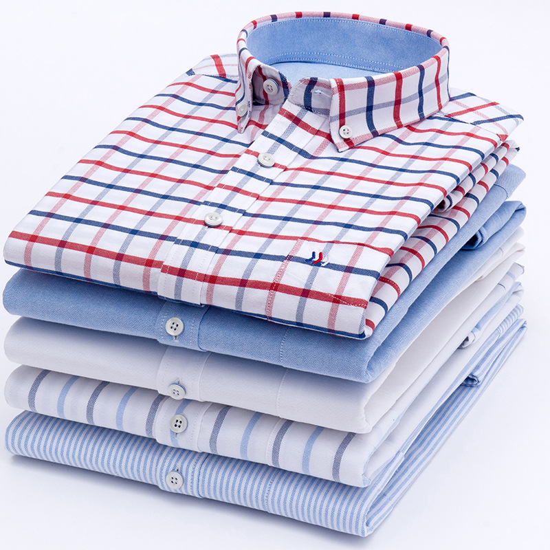 Pure Cotton Washed Oxford Long Sleeve Shirt All Cotton Men's Plaid Shirt Spring Single Wear Top Business Base Shirt