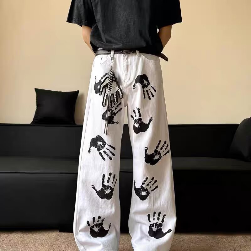 Hip-Hop American-Style Palm Print Narrow-Cut Jeans with Street-Style Graphic Design, Flared Wide-Leg Long Pants