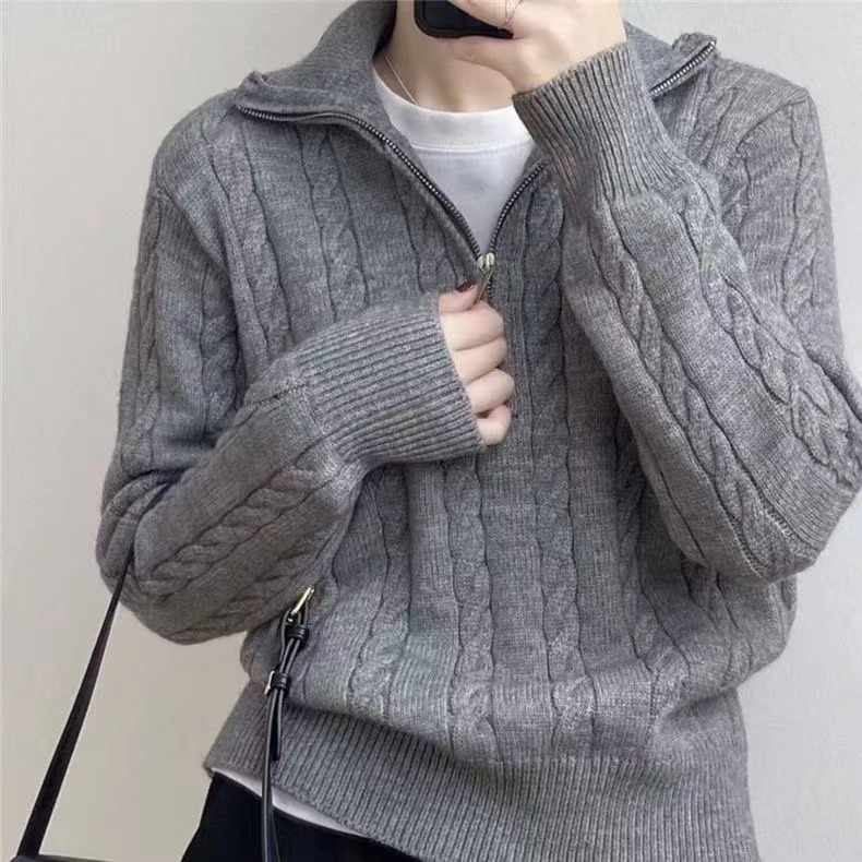 Korean Style Lapel Twist Half-Zip Knitted Sweater for Women Autumn and Winter New Retro Lazy Style Pullover Outer Top