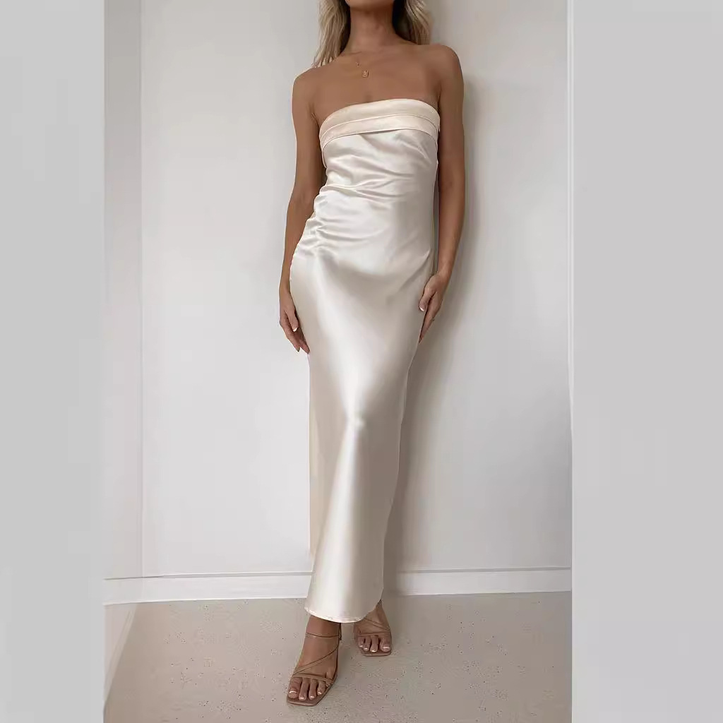 Cross-Border European and American Amazon 2026 Spring/Summer New Style Elegant Satin Backless Tube Top Dress with Print