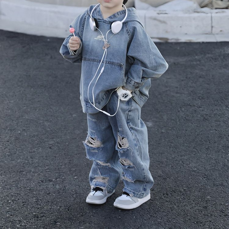 Spring and Autumn Men's and Women's Suit Baby Stylish Children's Personalized Trendy Brand Korean Hooded Sweatshirt Jacket Ripped Jeans