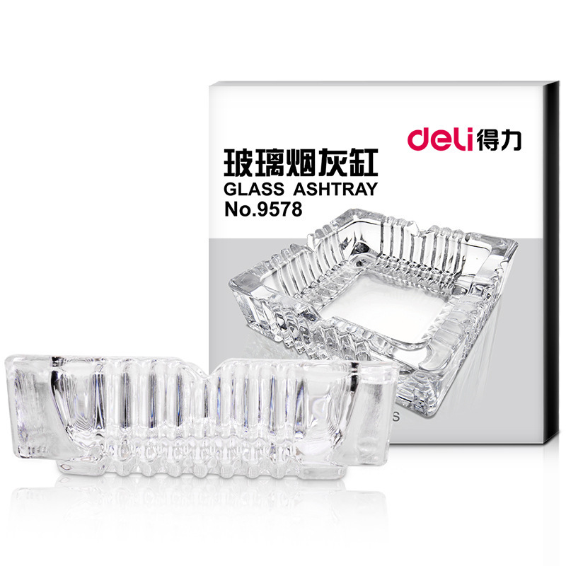 Deli 9578 glass 120*120mm simple wear-resistant durable household office transparent ashtray