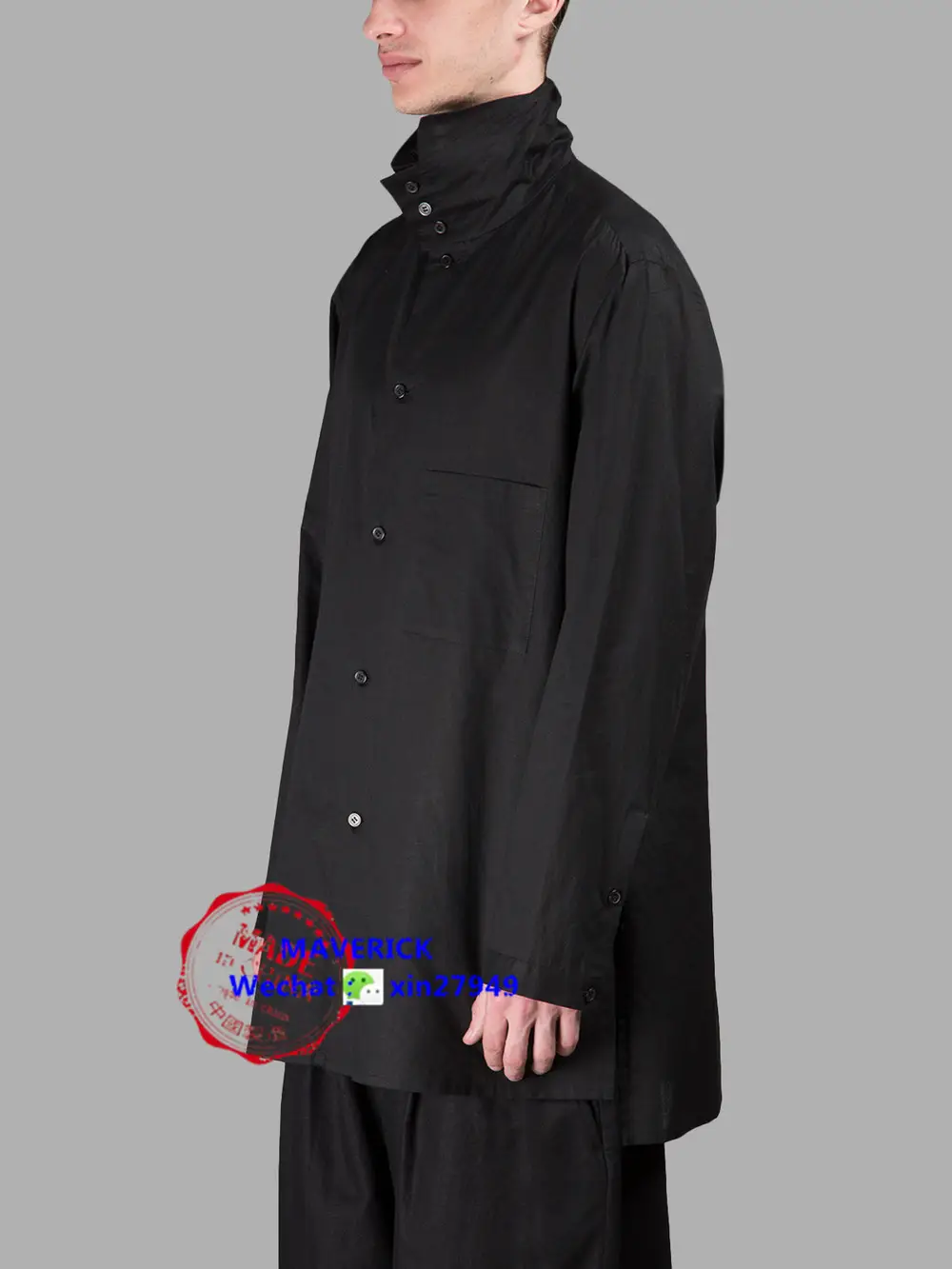 Lt.17 Spring/Summer Yohji Yamamoto Runway Style Retro High-Neck Side Slit Shirt, Short in Front and Long in Back, Loose Shirt
