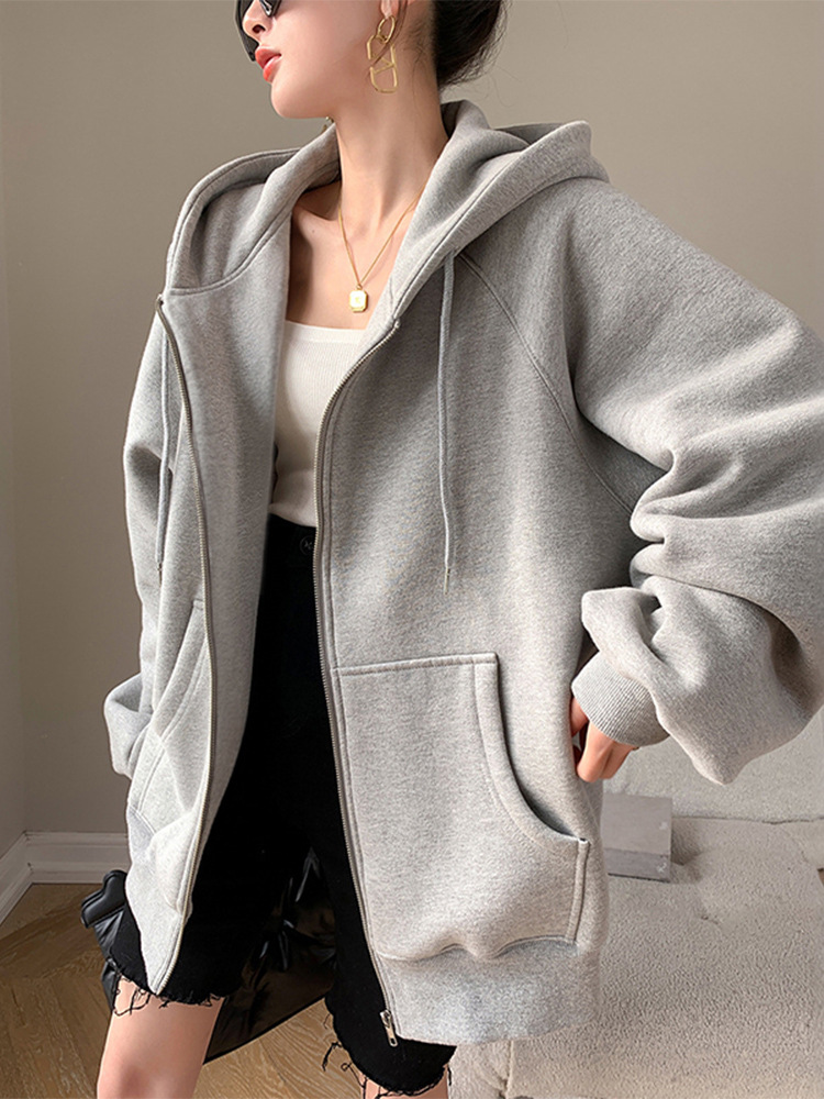 Jimo Hooded Sweatshirt for Women, New Autumn and Winter Korean Style, Loose and Lazy Style, Fleece-Lined Zip-Up Cardigan Jacket