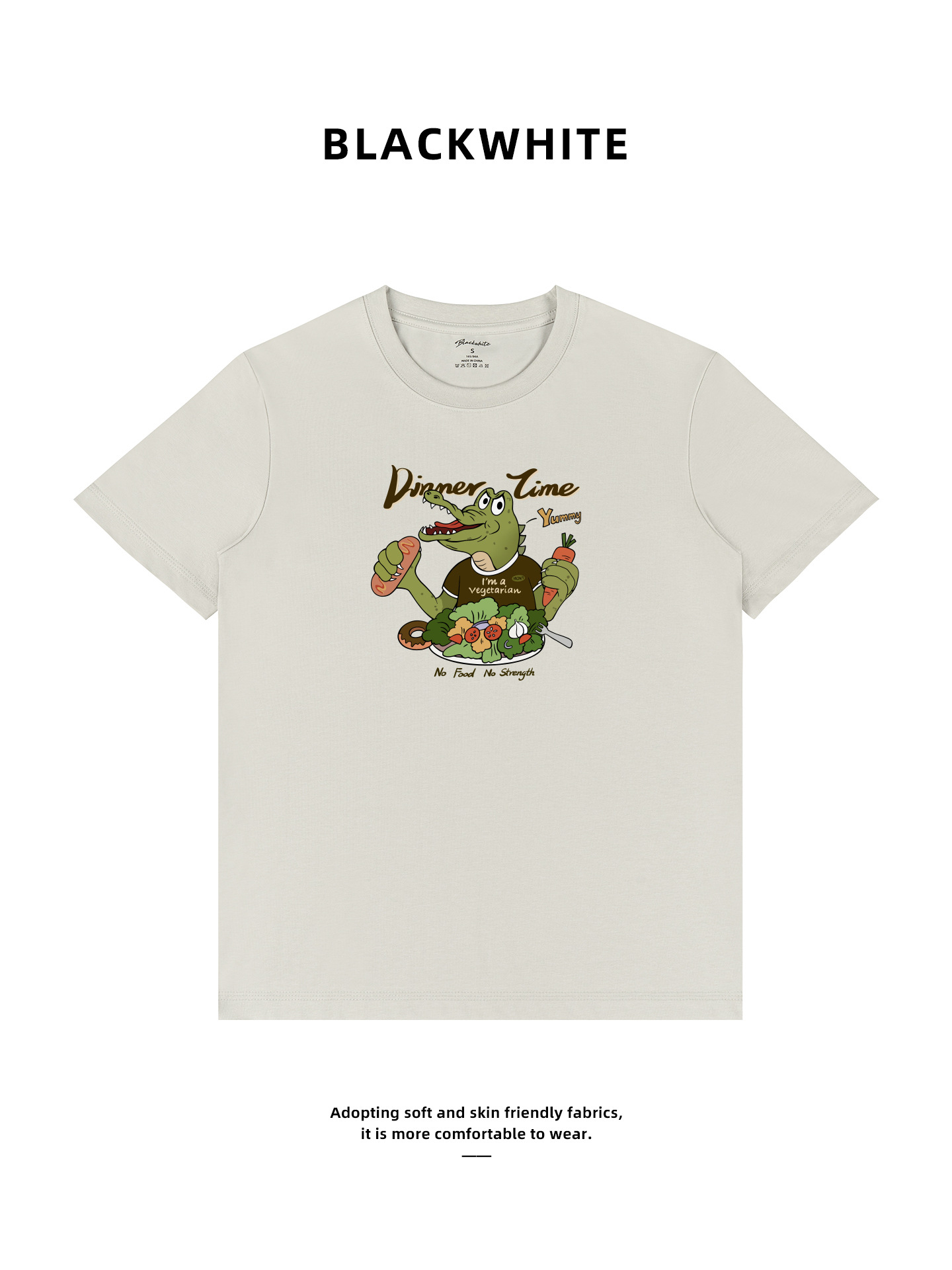 Fun Crocodile Eating Rice Print Short-Sleeved American Retro Style Loose T-Shirt Unisex Casual Top Wholesale 612
