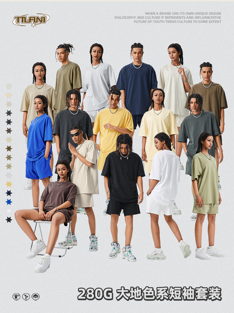 Tilani Men's Cotton Heavyweight Short-Sleeved Shorts Men's and Women's Suits Large Size Loose T-Shirt Spring and Summer Casual 2-Piece Set