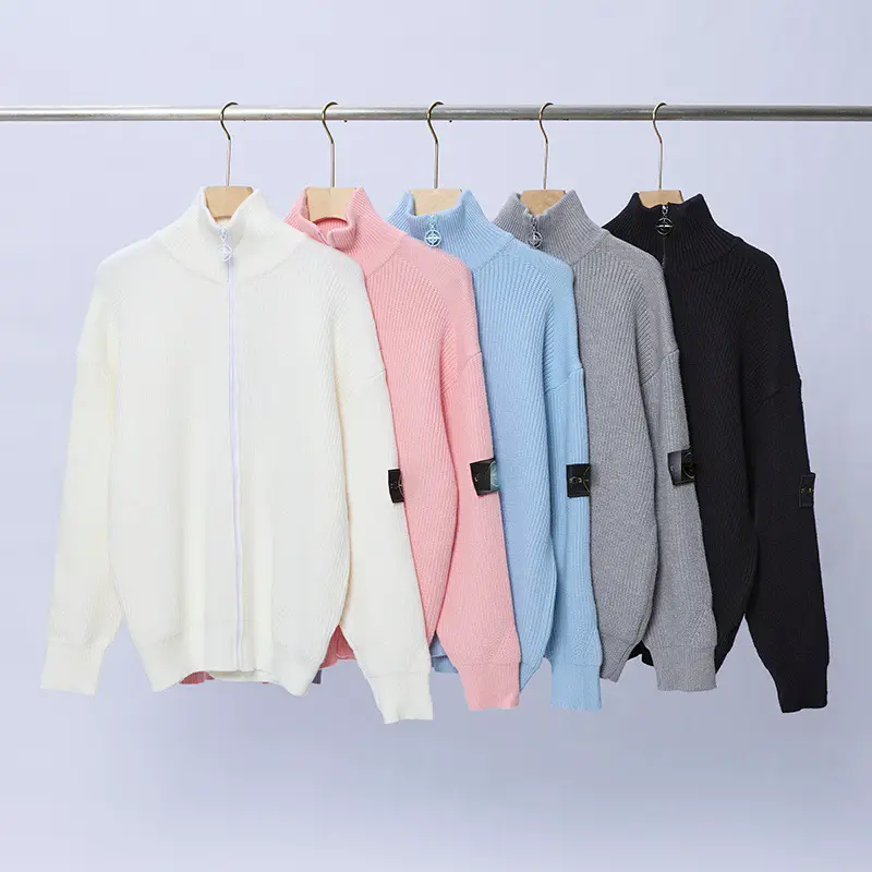 Cross-Border European and American Stone Stone Zipper Open Chest Stand Collar Badge Functional Knitted Sweater Autumn and Winter Men and Women Ius