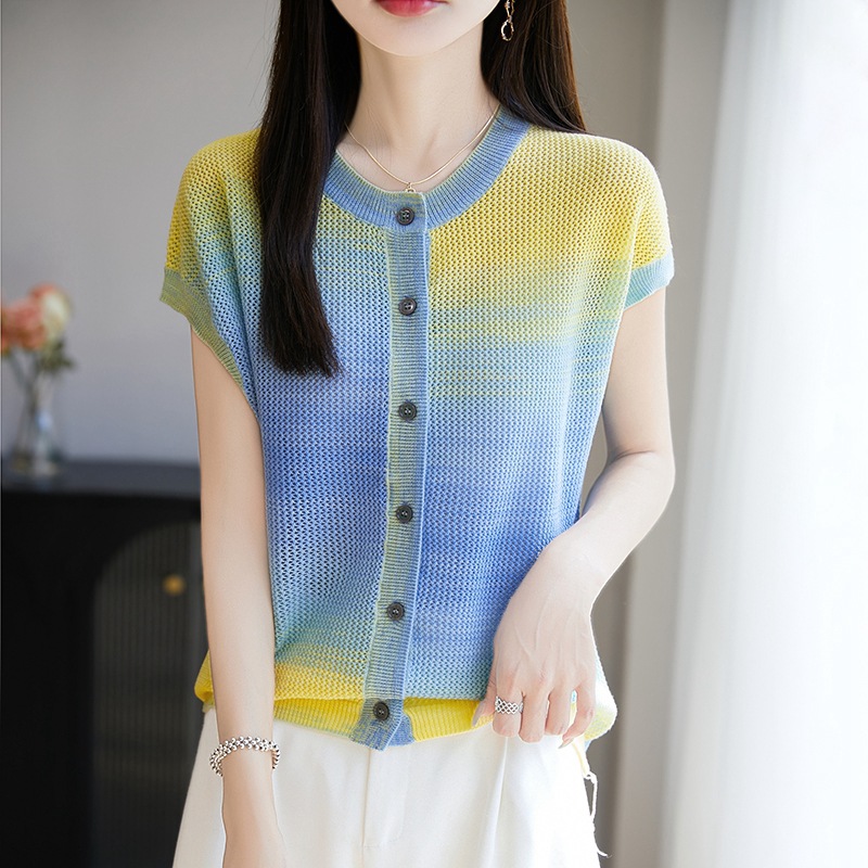 Round Neck Gradient Color Knitted Short-Sleeved T-Shirt Cardigan Women's Simple 2025 Summer New Slim Tie-Dye Women's Top