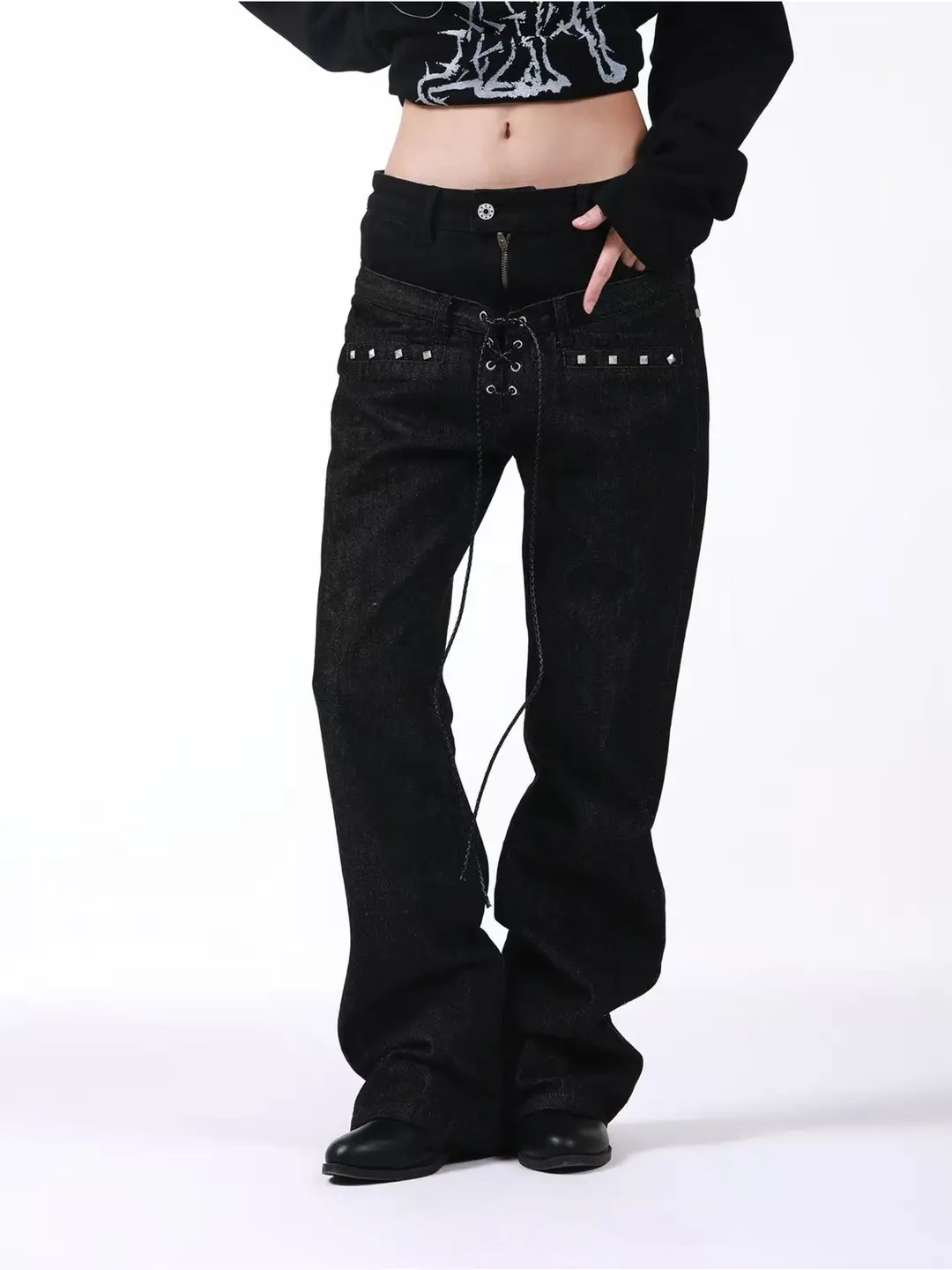 Detw 26Ss* Stacked Style Custom Black Raw Denim Double Waistband Drawstring Exposed Zipper Studded Jeans