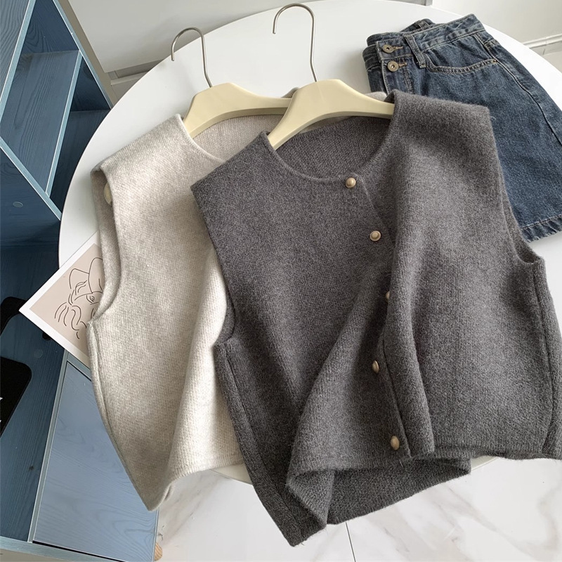 Kaning Korean Round Neck Pure Color Knitted Vest for Women Layered Autumn and Winter New Single-Breasted Loose Outer Sweater for Women