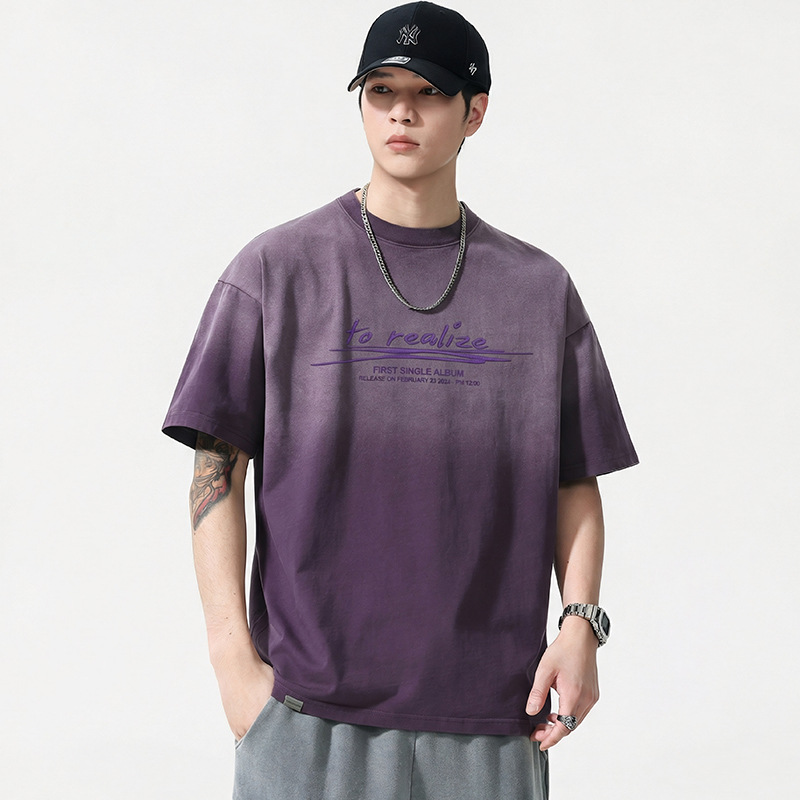 T3620 | Plus-Size Men's Summer Pure Cotton Washed Gradient T-Shirt, Loose Vintage Distressed Letter Print Short Sleeve.